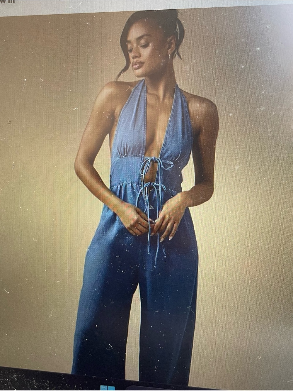 Missguided Denim-Blue Halter Tie-Front Jumpsuit